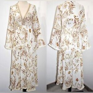 Z&L Sz L  Europe Bell Sleeve Metallic Neckline Tiered Skirt Bohemian Dress NEW